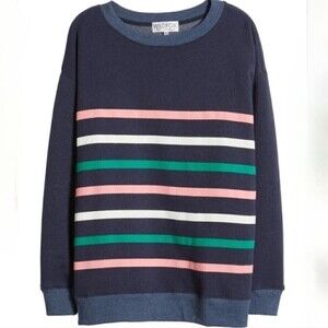 WILDFOX Blue Multicolor Stripe Roadtrip Oversized Crewneck Sweatshirt Size Small